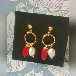 Authentic vintage red coral nuggets and  fresh water pearl earrings brand new